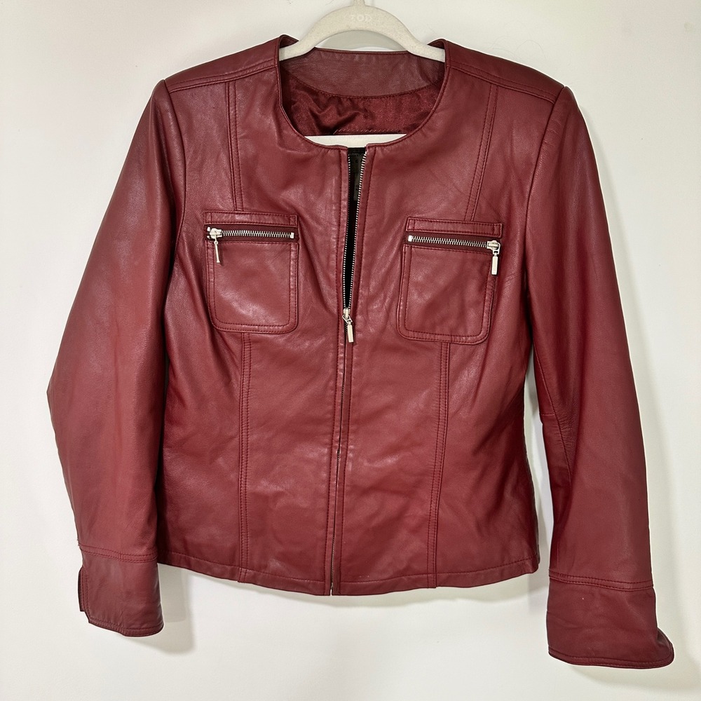 Uniform John Paul Richard Lamb Leather Jacket Women 10 Burgundy Zip Collarless